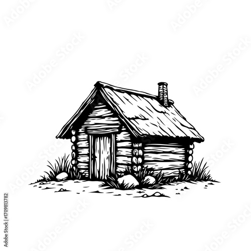 Rustic log cabin illustration evokes memories of simpler times and isolated mountain retreats