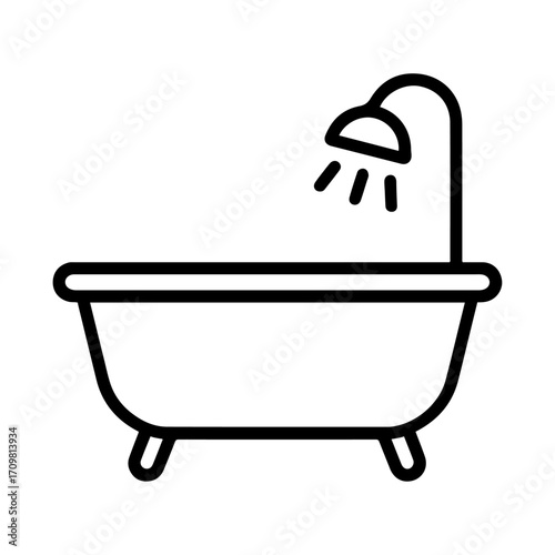 Bathtub and shower line icon in black and white