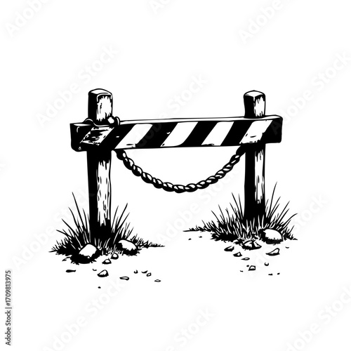 Rustic road barrier illustration with chain guard marking a rural passageway and ground texture
