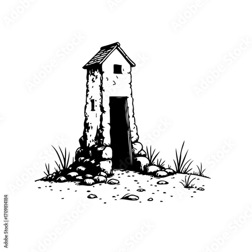 Rustic stone tower illustration evoking history and solidity amidst a tranquil landscape depiction