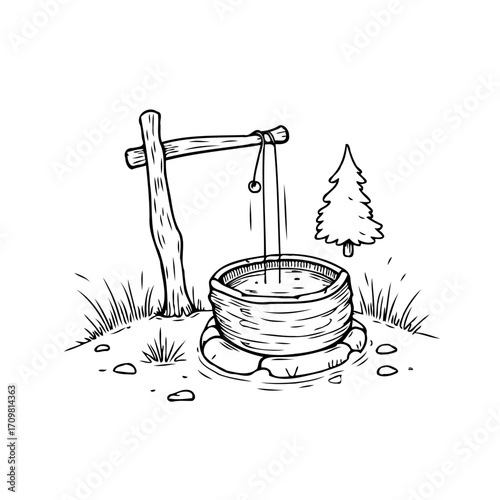 Rustic well drawing evoking simpler times and natural freshness with a pine tree nearby for water