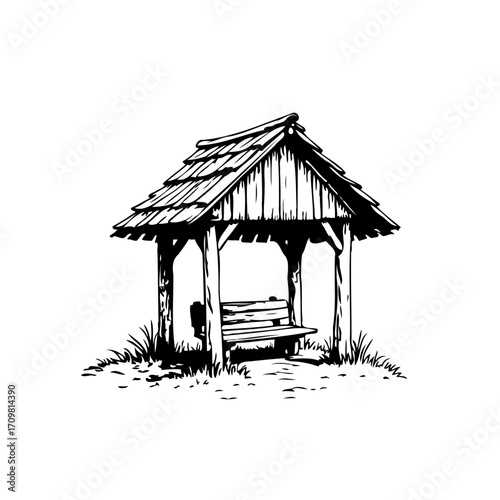 Rustic wooden gazebo drawing depicting a peaceful retreat structure in monochrome isolated on