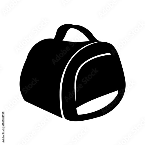 Black and white image of a duffel bag with a curved handle