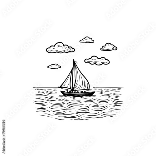 Sailboat voyage under cloudy skies artwork evokes feeling of adventure and serenity on open waters