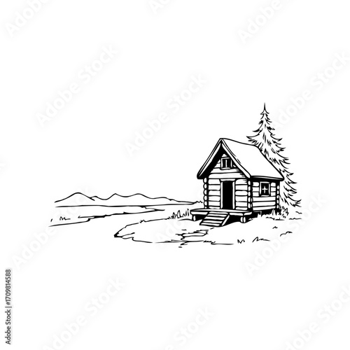 Secluded cabin retreat by tranquil lake, serene landscape, rustic dwelling amidst nature's beauty