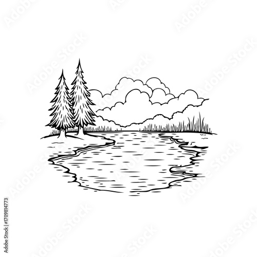 Serene lakeside scenery featuring evergreen trees and fluffy clouds reflected in calm waters a