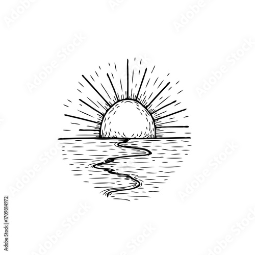 Serene monochromatic sunset scene illustration radiating tranquil vibes over water horizon