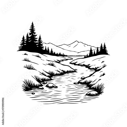 Serene monochrome mountain river landscape with towering evergreens offers a peaceful escape and
