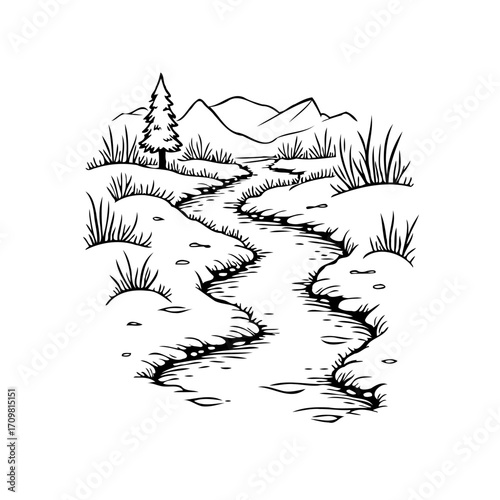 Serene mountain landscape illustration showcasing a winding river flanked by trees and foliage for