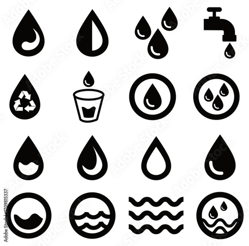 Water pack icon set. Save water, drop, faucet, drinking water. Water drop and tap icons for save water.  drink, tap, icons, waterdrop, dripped, droplet, dripped, leaking, aqua, raindrop, vector, eps 
