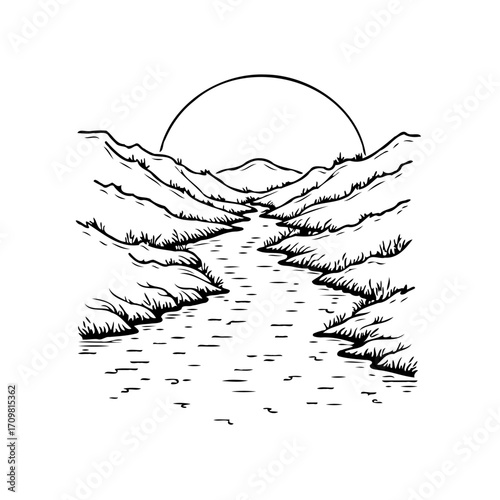 Serene river flowing between majestic hills under a rising sun evoking a tranquil natural