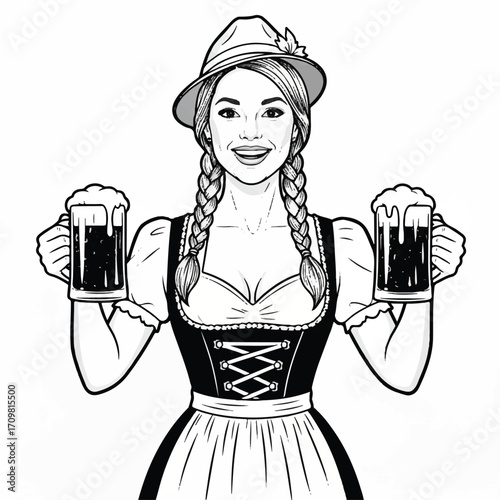Black and white illustration of a smiling woman in a dirndl holding two frothy beer steins.