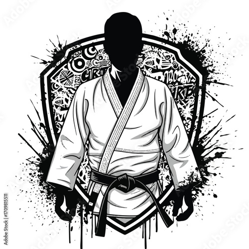 Illustration of a person in a karate uniform with a black belt, with a shield background.