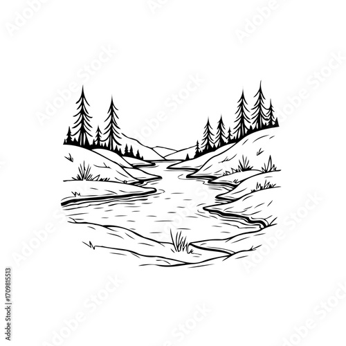 Serene river winding through a valley with tall conifers a tranquil landscape illustration