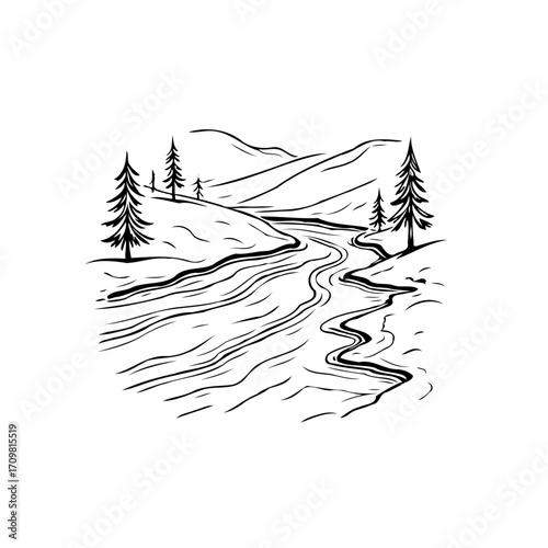 Serene river winding through tranquil landscape with evergreen trees and distant mountains