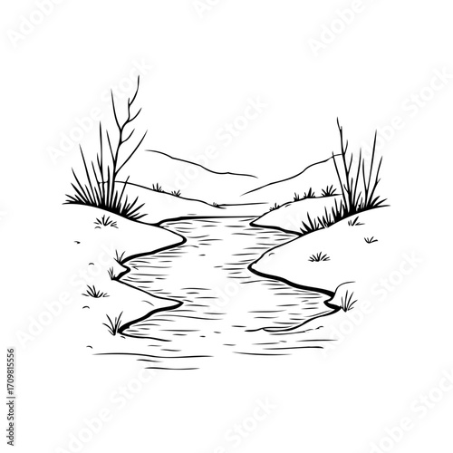 Serene riverside sketch showcasing nature's tranquility with gently flowing water landscape