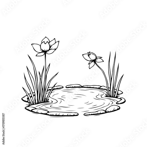 Serene water lily pond sketch featuring aquatic plants stones and calm water in a tranquil scene