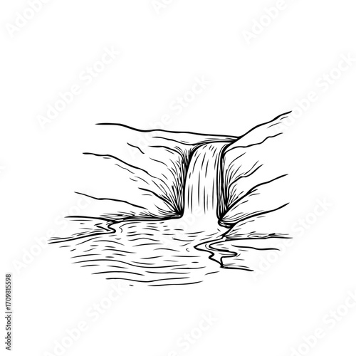 Serene waterfall landscape sketch depicting cascading water into a pristine pool surrounded by