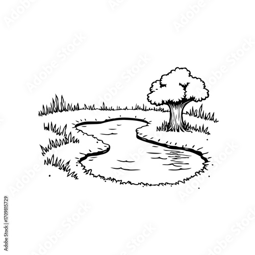 Serene waterside illustration of a tranquil pond surrounded by verdant foliage and solitary tree