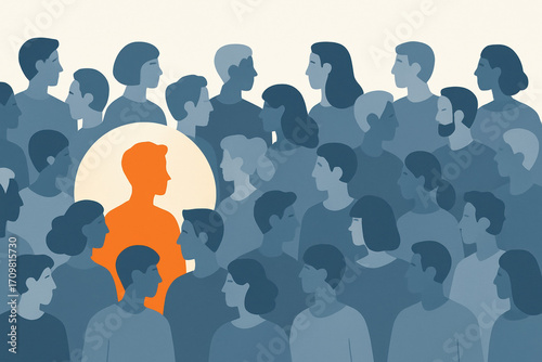 Unique Orange Silhouette Standing Out Among Blue Crowd