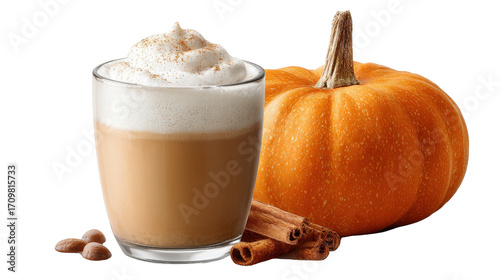 Pumpkin spice latte and pumpkin togetherTransparent background, PNG file