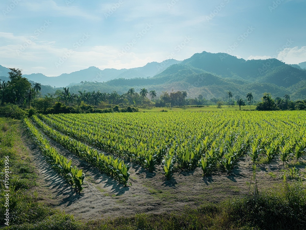 Naklejka premium Lush farmland stretching to a mountain range