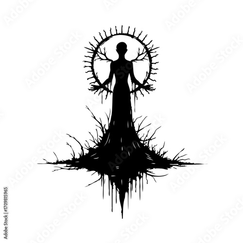 Silhouette of an enigmatic figure embraced by a crown of branches standing rooted in the earth