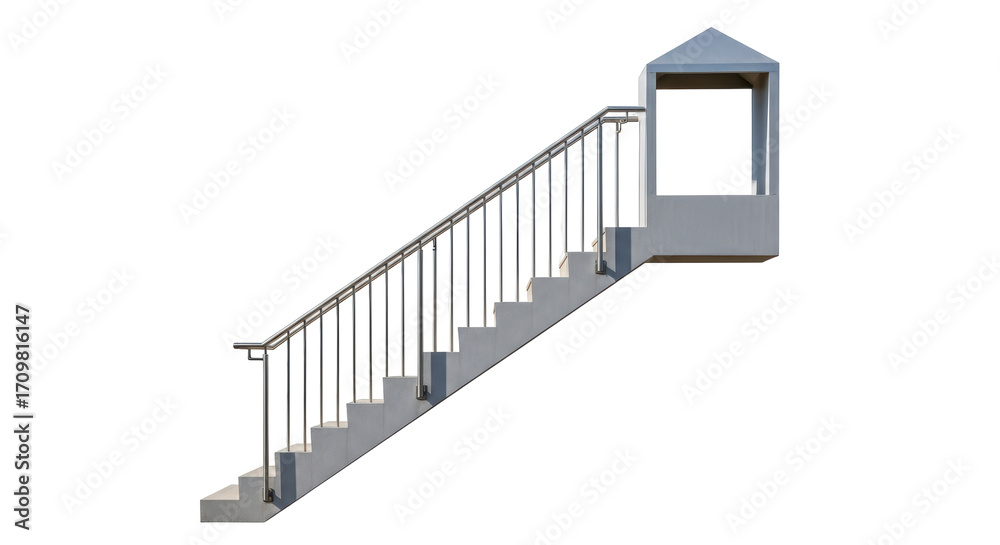Fototapeta premium Isolated staircase with railing leading to top platform with blank window opening outdoors