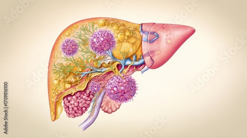 Comprehensive medical illustration of human liver highlighting cancer affected areas and stages