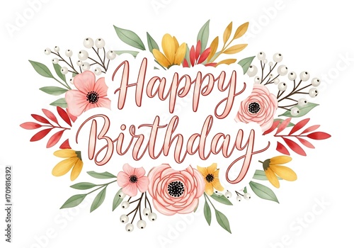 Beautiful watercolor floral arrangement with happy birthday text
