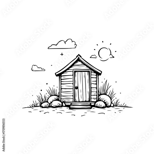 Simple shed amidst rocks under a friendly sun artistic minimal line drawing landscape black and