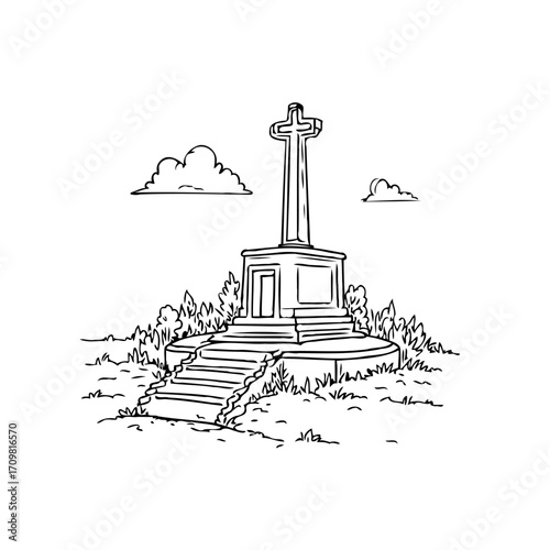 Simple religious memorial sketch on a hilltop with peaceful sky and stairway to cross design