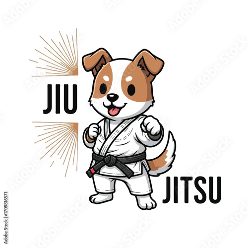 A cute cartoon dog wearing a white gi with a black belt, ready for a Jiu-Jitsu match.