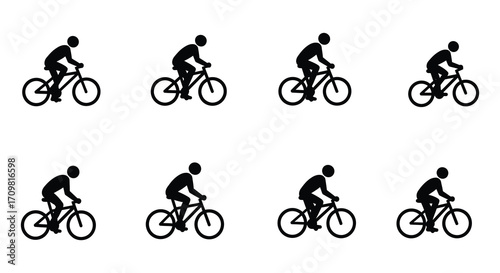 A series of simple black silhouettes depicting people riding bicycles