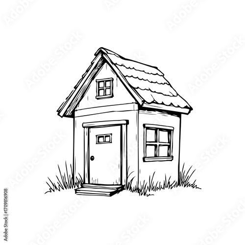 Sketch of a charming little house nestled amidst tufts of grass a sweet monochrome dwelling a