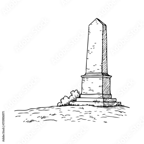 Sketch of a granite obelisk, standing tall in a serene setting, a tribute to enduring memory