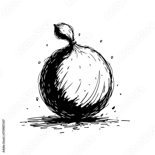 Sketch of round object with tied top showcases simple artistry and expressive linework in monochrome