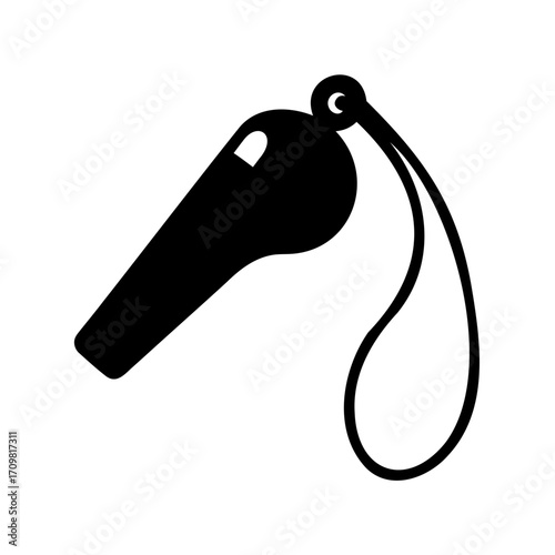 Black and White Vector Illustration of a Referee Whistle with Lanyard