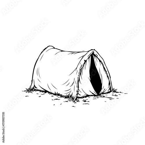Solitary canvas abode, minimalist sketch of a tent in monochrome for outdoor adventures and