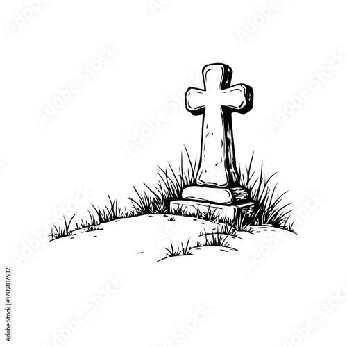 Solitary cross gravestone standing solemnly amidst grassy terrain conveying concepts of
