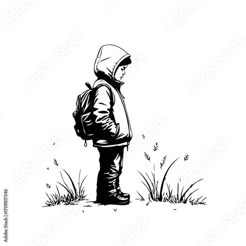 Solitary figure of a young boy, hooded and backpacked, contemplating life's quiet moments amidst