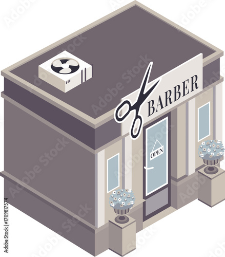 Isometric barber shop building illustration flat design scissors sign OPEN door rooftop AC unit flower planters.