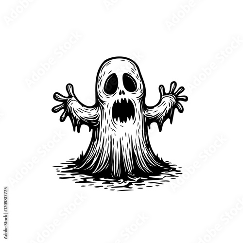 Spooky specter illustration with jagged edges evokes a sense of halloween fun and frightful spirit