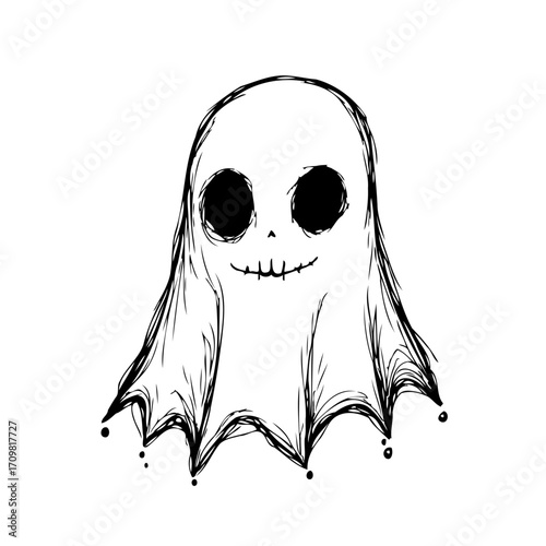 Spooky hand drawn ghost illustration floating in white space creating a festive halloween mood
