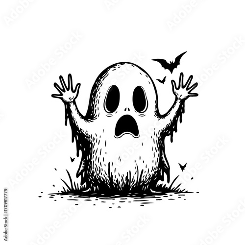 Spooky specter in monochrome illustration capturing the essence of halloween with flying bats and