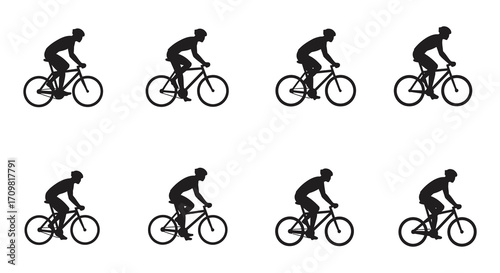 A sequence of silhouettes depicting a cyclist in motion repeated twice