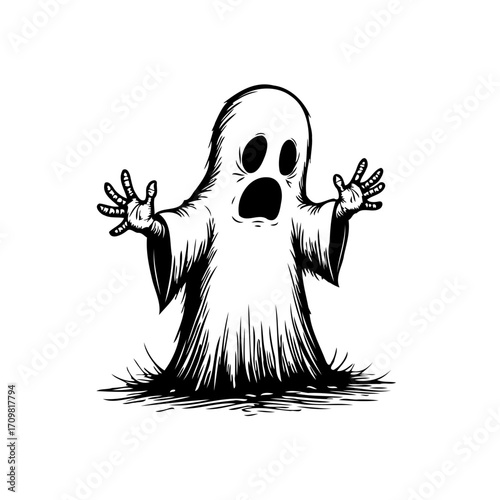 Spooky spectre drawing for halloween, cartoon ghost with surprised expression and outstretched