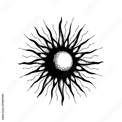 Stylized celestial body illustration with contrasting textures evokes powerful light and energy