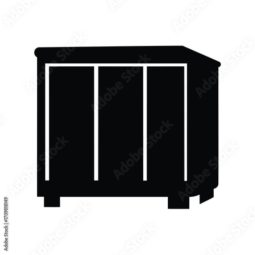 Minimalist illustration of a dark wood storage cabinet with three compartments