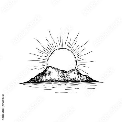 Stylized graphic rising sun illuminating serene mountain landscape above rippling water with